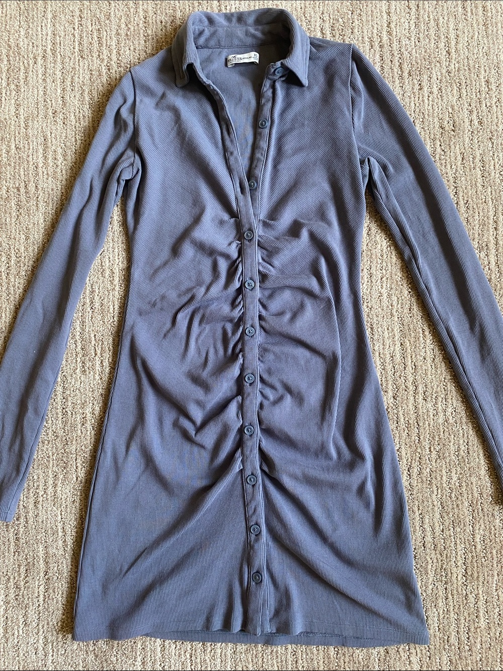Hollister Knit Long Sleeve Button Down Scrunch Mini Dress Steel Grey XS